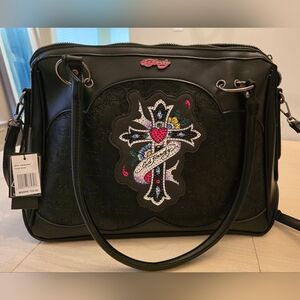 Ed Hardy NWT Black Satchel Shoulder Bag with Vibrant Cross Design, Laptop Size!!